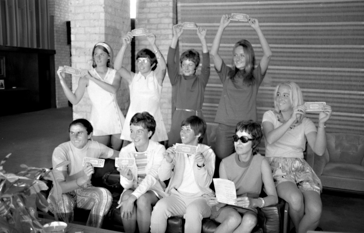 Clockwise from top left: Valerie Ziegenfuss, Billie Jean King, Nancy Richey, Peaches Bartkowicz, Kristy Pigeon, Gladys Heldman, Rosie Casals, Kerry Melville Reid, Judy Dalton. Not pictured: Julie Heldman