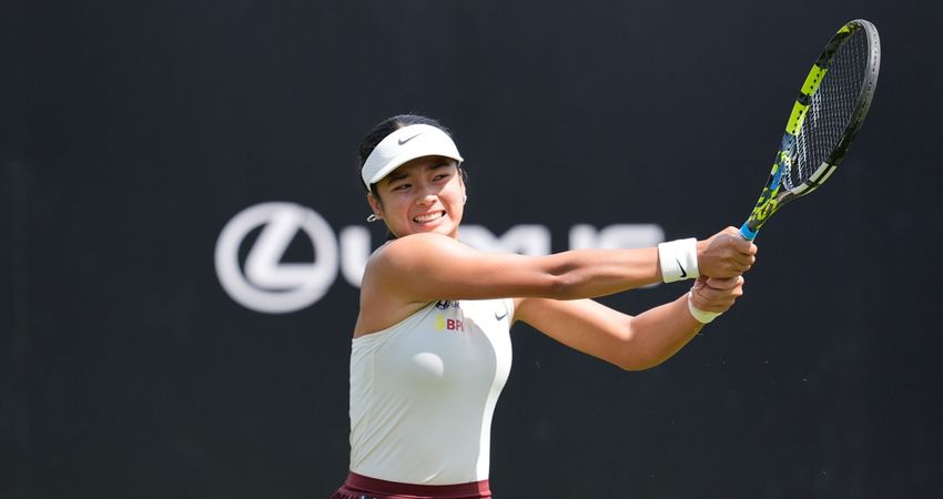Alexandra Eala serves at Eastbourne 2025
