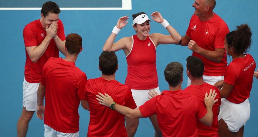 Switzerland huddle v Belgium celebration