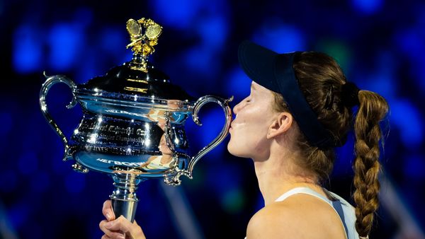 Elena Rybakina post-match trophy celebration
