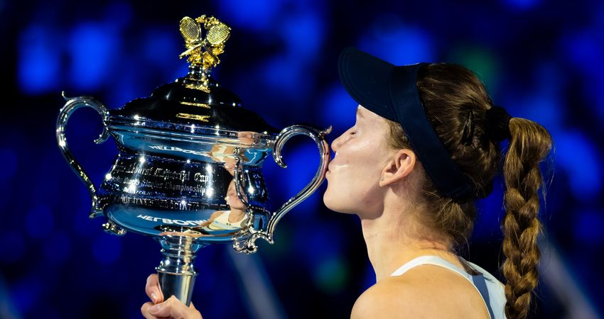 Elena Rybakina post-match trophy celebration