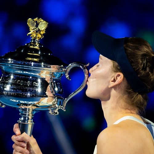 Elena Rybakina post-match trophy celebration