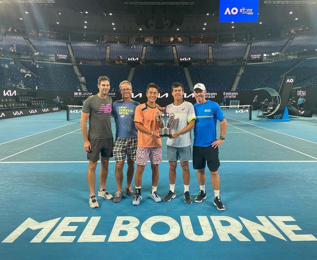 Rinky Hijikata and Jason Kubler with Jarrad Bunt after winning the 2023 Australian Open doubles title