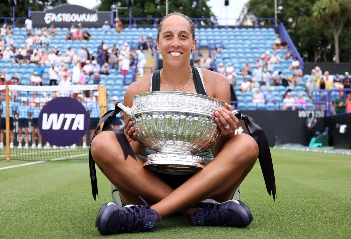 Madison Keys celebrates after winning the Eastbourne final