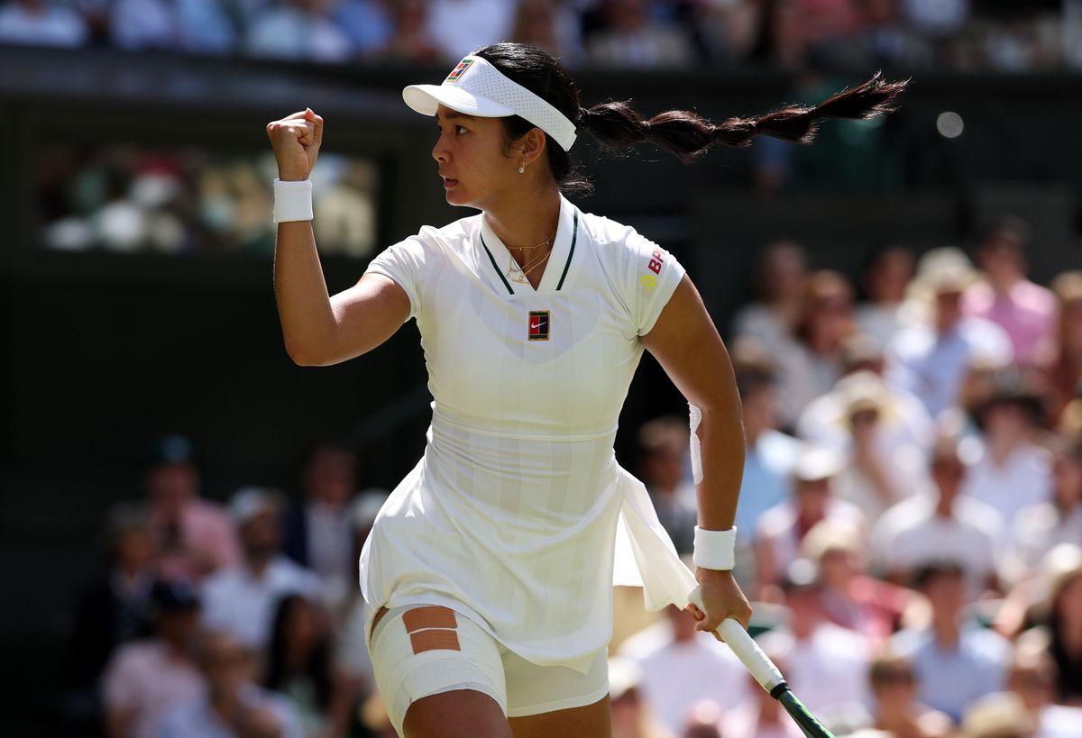 Alexandra Eala reacts after defeating Iga Swiatek at Wimbledon