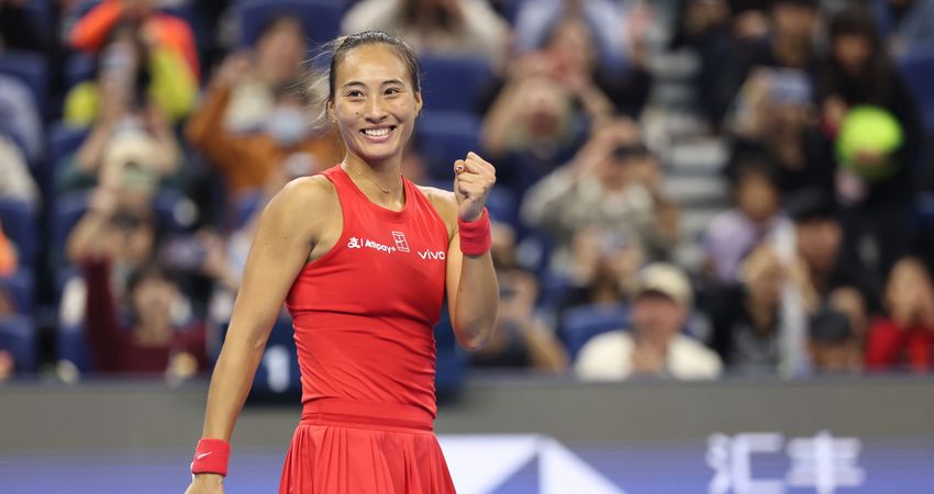 Zheng Qinwen celebrates at the 2026 China Open in Beijing