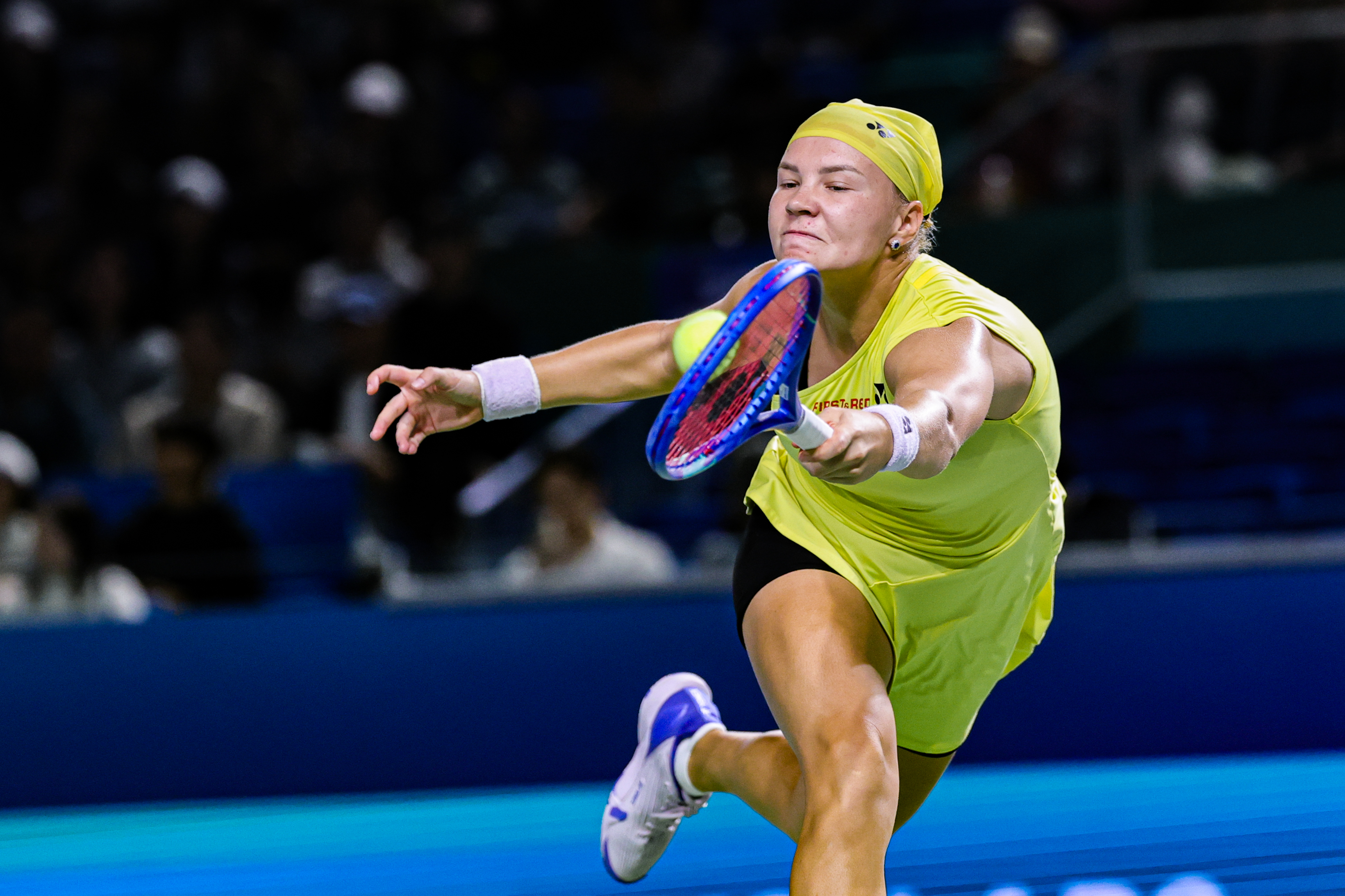 Hot shot: Diana Shnaider holds firm to defend the net in Ningbo
